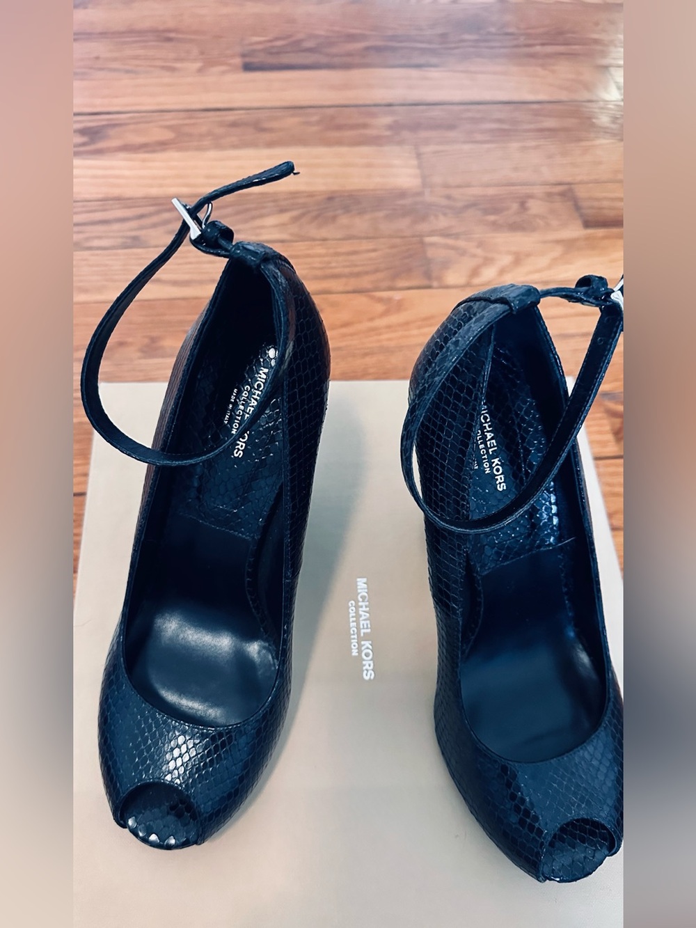 Michael Kors COLLECTION Black Peep-Toe Ankle-Strap Pumps